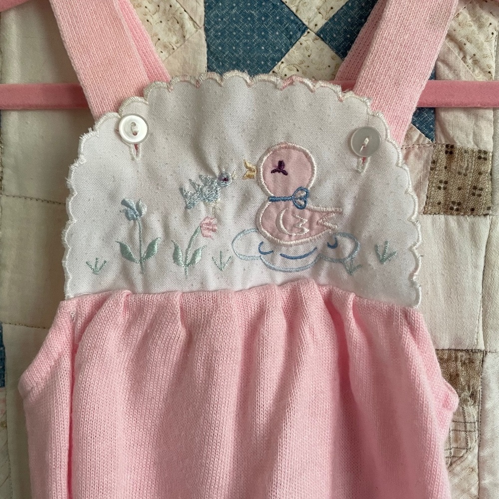 Pink Cotton Baby Overalls with Duck Embroidered Front
